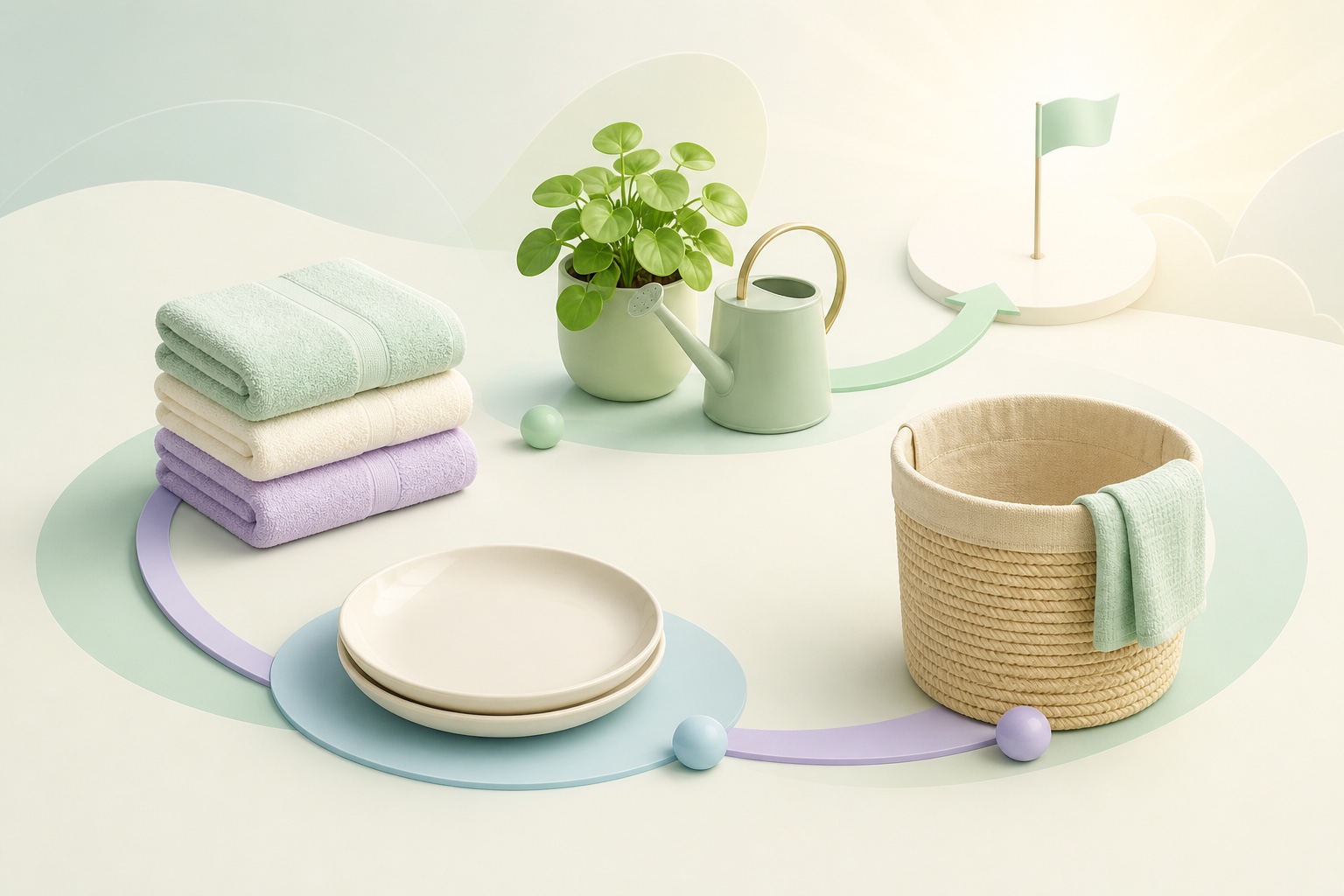 Pristine folded towels, clean plates, a leafy plant, and a tidy basket following a soft mint path to a finish flag.